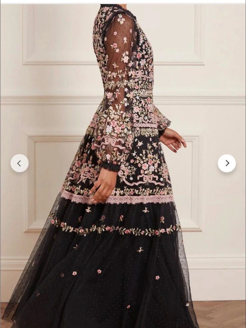 Needle & Thread Black Maxi Dress with Pink and Cream Floral Embroidery - Picture 2 of 4